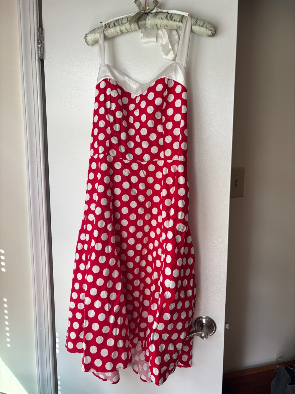 Red Polka Dot Halter Dress with White Trim